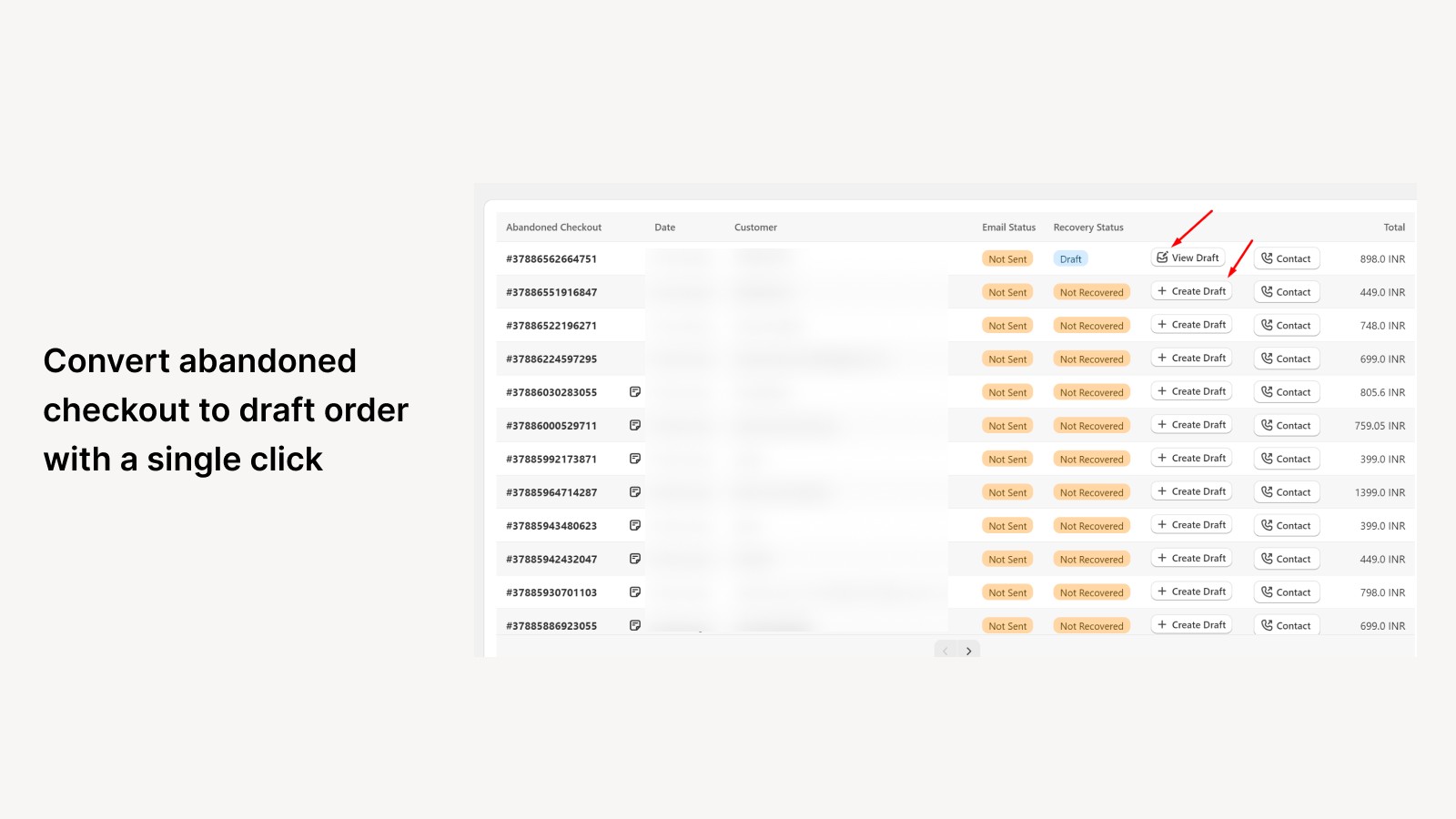 A single click: Convert an abandoned checkout to a draft order with one click.