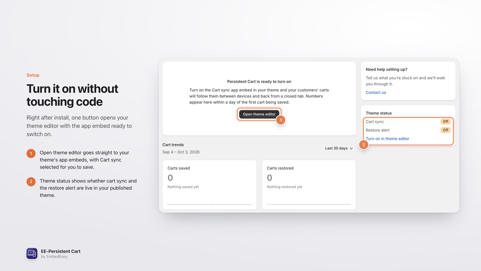 Turn it on: First-run screen with Open theme editor and the theme status.