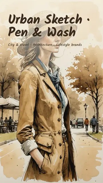 Urban Sketch: Pen and wash. For city, travel, architecture and lifestyle brands.