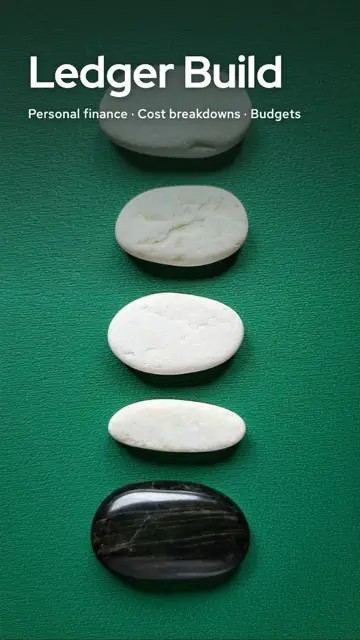Ledger Build: Stacked stones, calm numbers. For personal finance and budgets.