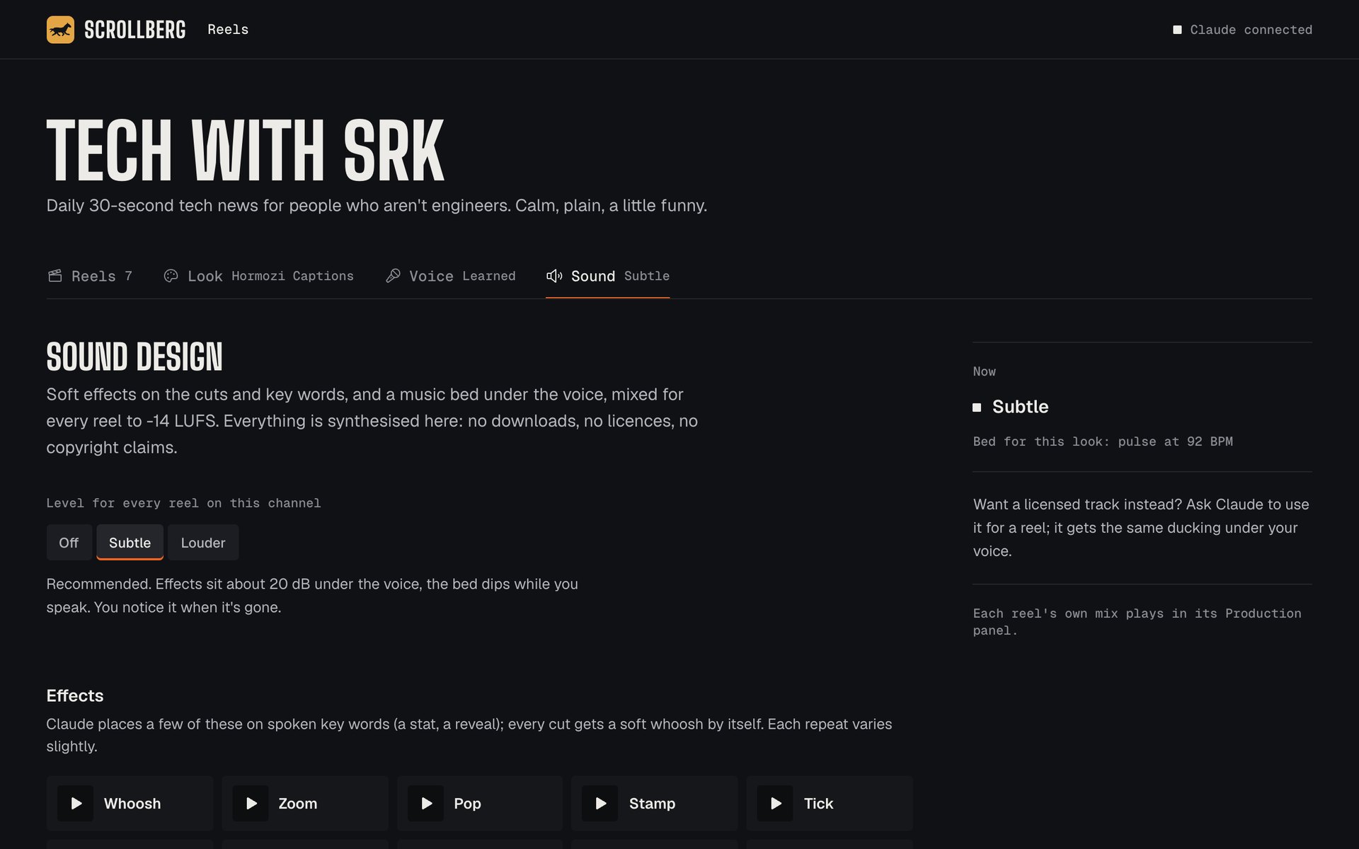Sound design built in: Soft effects on the cuts and key words, with a music bed under your voice.