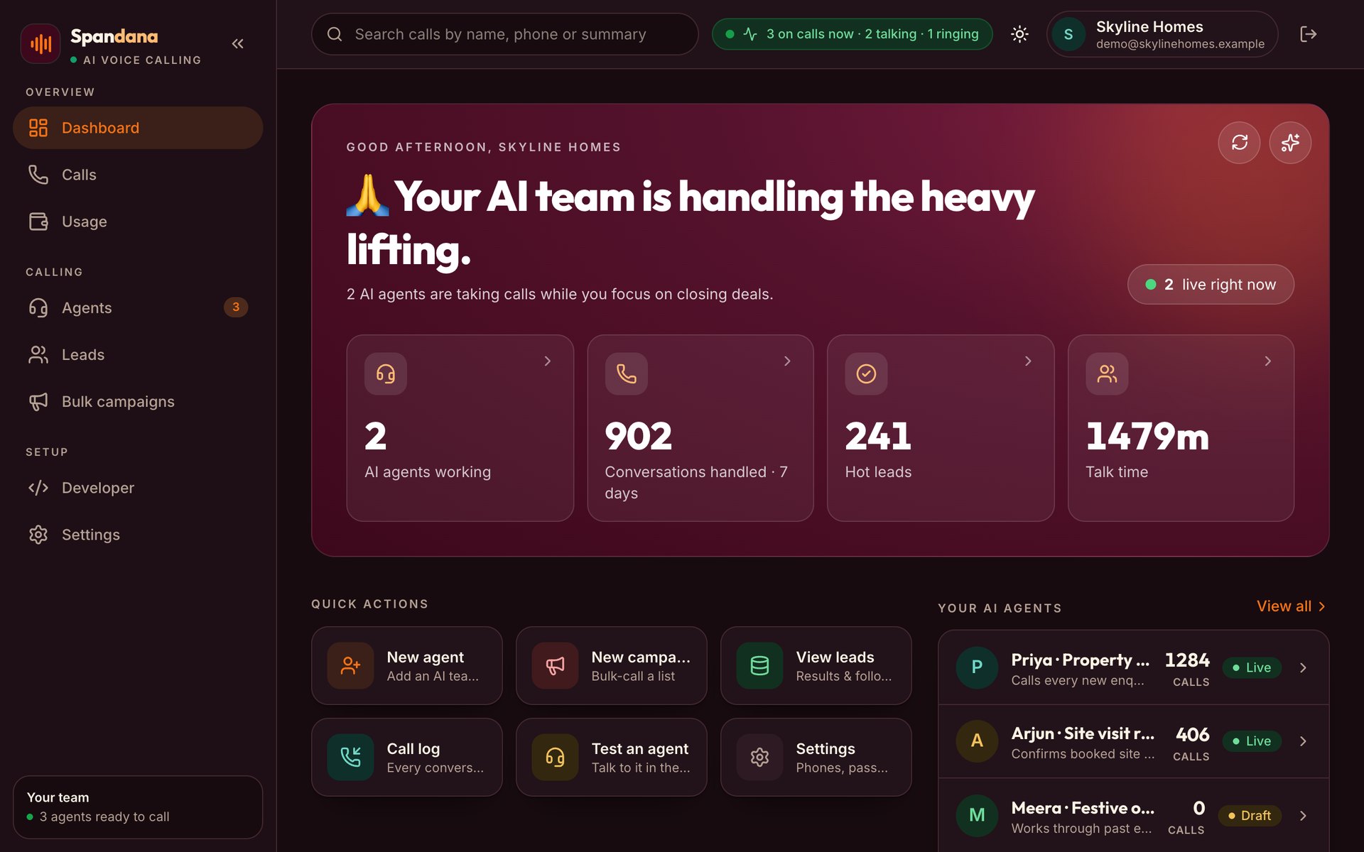Your day at a glance: Calls handled, hot leads and talk time, with your AI agents working live.