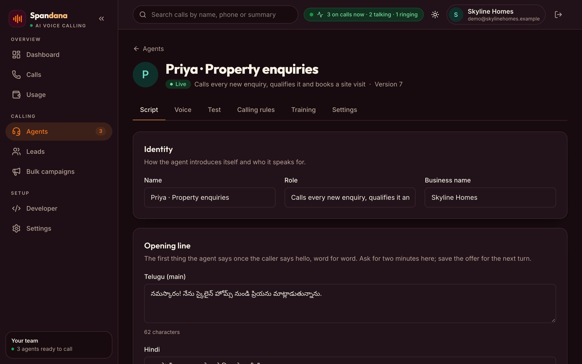 Shape your agent: Edit the script, opening lines, languages and voice. Changes wait in a draft until you go live.